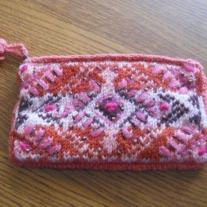 NWT Sundance Catalog "Mystic Snowfall" by French Knot, Knit Embroidered Pouch